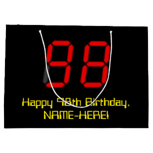 98th Birthday: Red Digital Clock Style "98" + Name Large Gift Bag