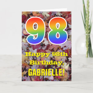 98th Birthday; Rustic Autumn Leaves; Rainbow "98" Card