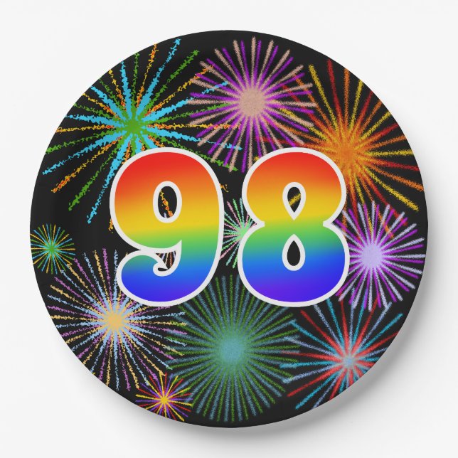 98th Event - Fun, Colorful, Bold, Rainbow 98 Paper Plate (Front)