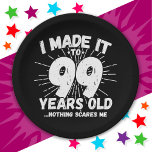 99 Year Old Sarcastic Meme Funny 99th Birthday Paper Plate<br><div class="desc">This funny 99th birthday design makes a great sarcastic humour joke or novelty gag gift for a 99 year old birthday theme or surprise 99th birthday party! Features 'I Made it to 99 Years Old... Nothing Scares Me' funny 99th birthday meme that will get lots of laughs from family, friends,...</div>
