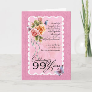 99 years old greeting card - roses and butterflies