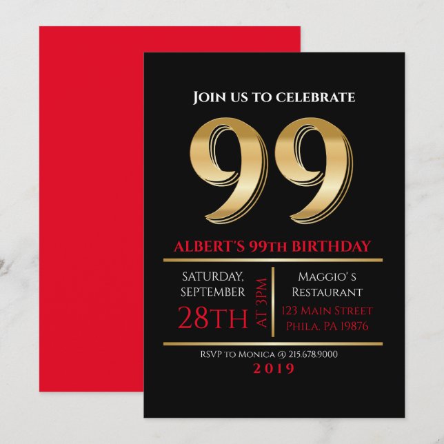 99e anniversaire Gold Black Party Invitation (Devant / Derrière)