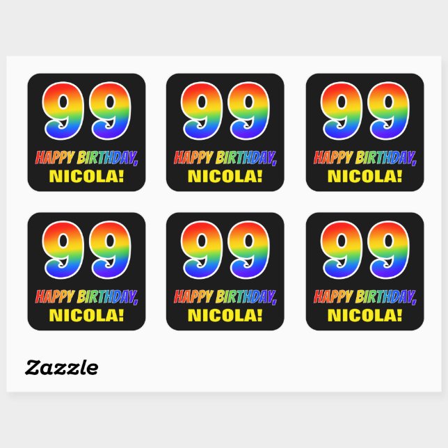 99th Birthday: Bold, Fun, Simple, Rainbow 99 Square Sticker (Sheet)