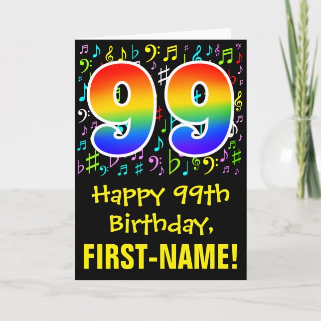 99th Birthday: Colorful Music Symbols + Rainbow 99 Card (Front)