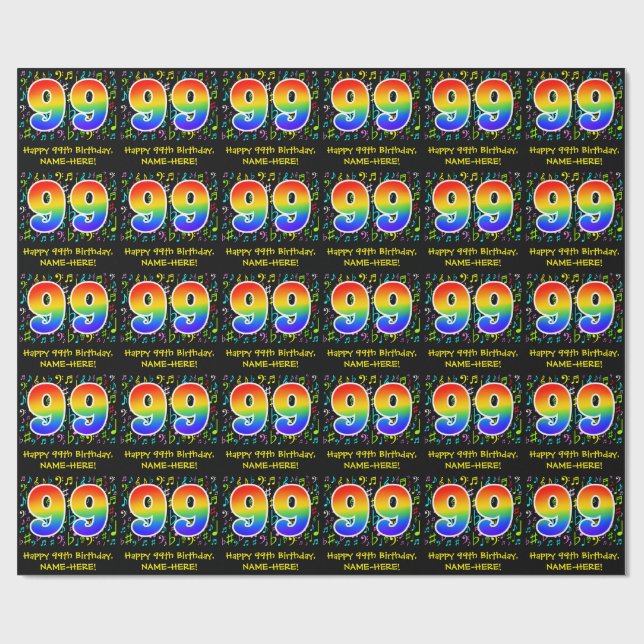 99th Birthday: Colourful Music Symbols, Rainbow 99 Wrapping Paper (Flat)