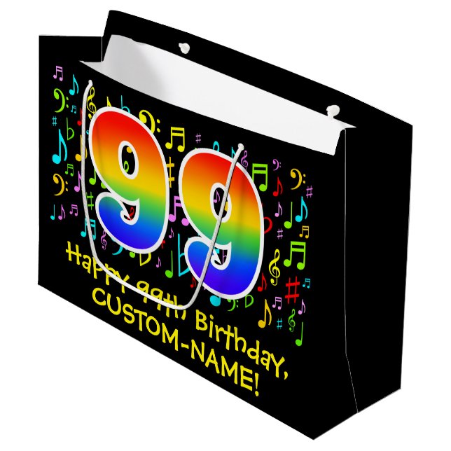 99th Birthday - Colourful Music Symbols, Rainbow 9 Large Gift Bag (Front Angled)