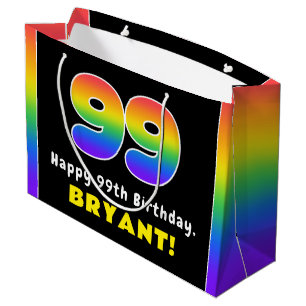 99th Birthday: Colourful Rainbow # 99, Custom Name Large Gift Bag
