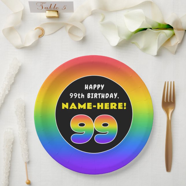 99th Birthday: Colourful Rainbow # 99, Custom Name Paper Plate (Wedding)