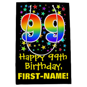 99th Birthday: Colourful Stars Pattern & Rainbow 9 Medium Gift Bag