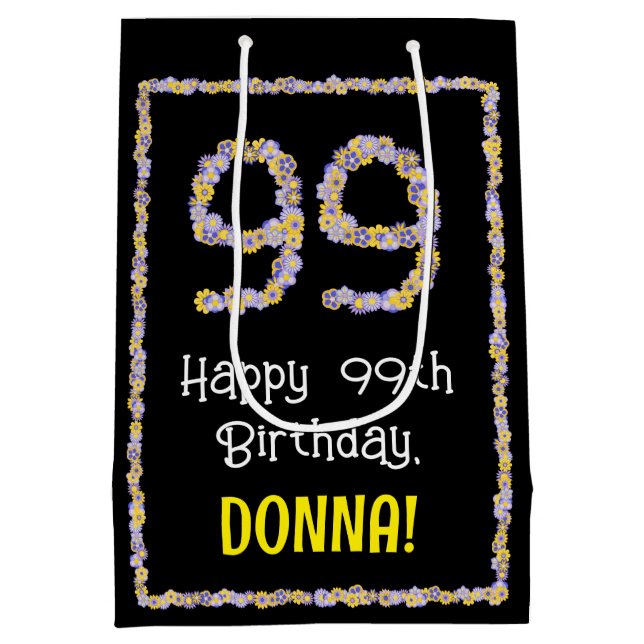 99th Birthday: Floral Flowers Number, Custom Name Medium Gift Bag (Back)