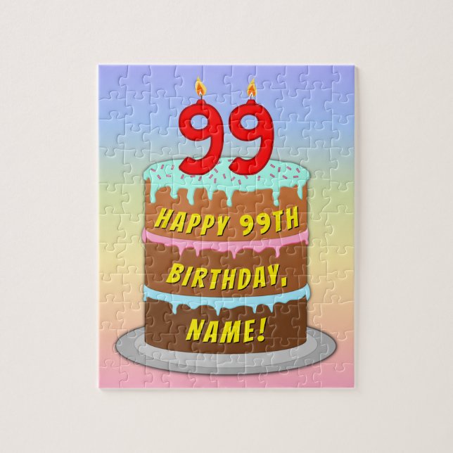 99th Birthday: Fun Cake and Candles + Custom Name Jigsaw Puzzle (Vertical)