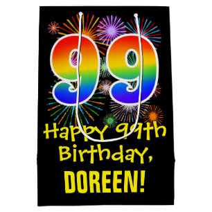 99th Birthday: Fun Fireworks Pattern + Rainbow 99 Medium Gift Bag