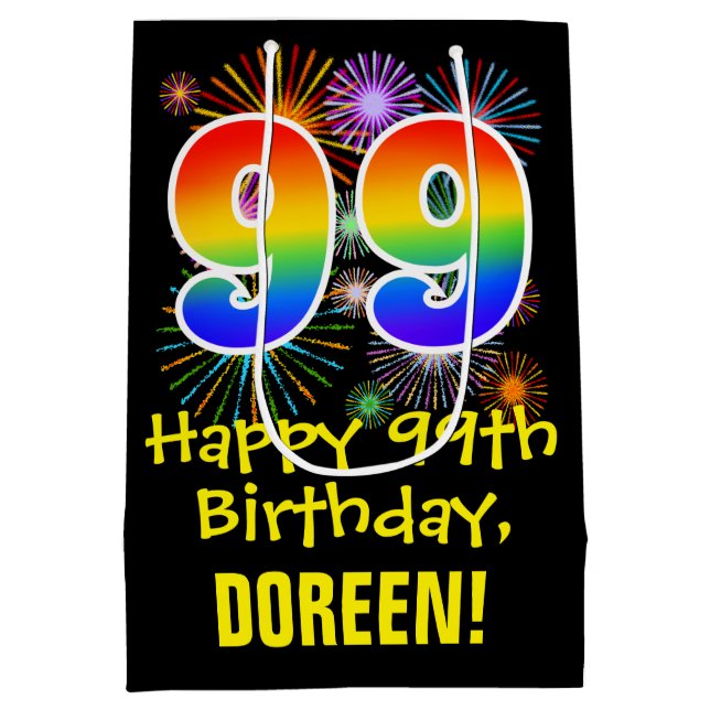99th Birthday: Fun Fireworks Pattern + Rainbow 99 Medium Gift Bag (Back)
