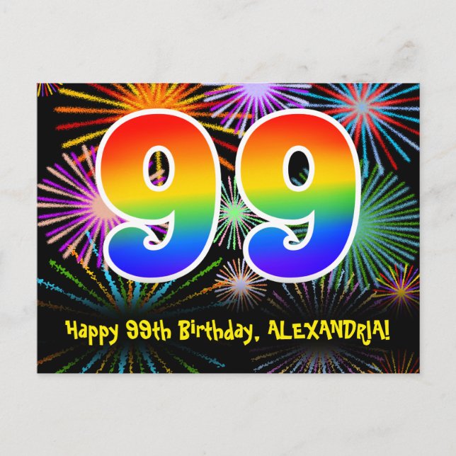 99th Birthday – Fun Fireworks Pattern + Rainbow 99 Postcard (Front)