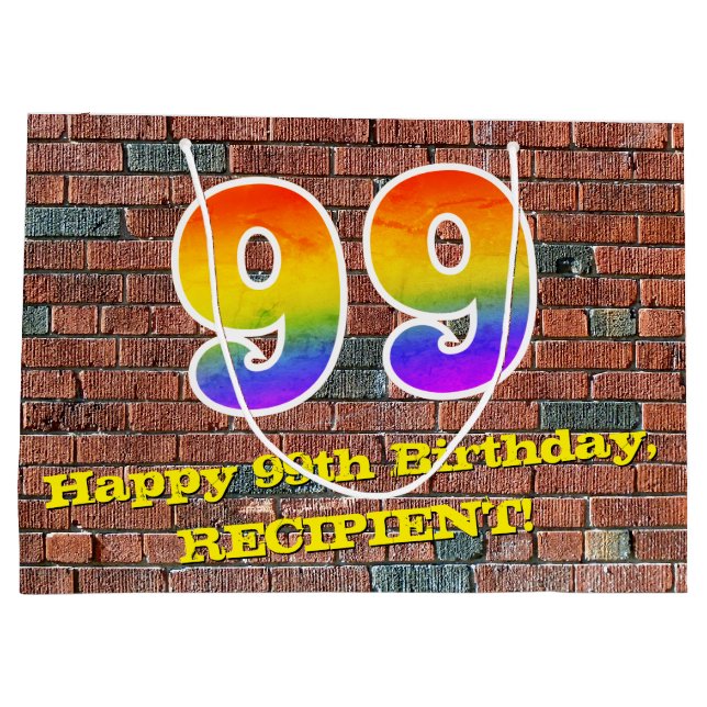 99th Birthday: Fun, Graffiti-Inspired Rainbow # 99 Large Gift Bag (Back)