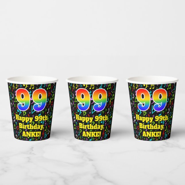 99th Birthday: Fun Music Notes Pattern, Rainbow 99 Paper Cups (Multi)