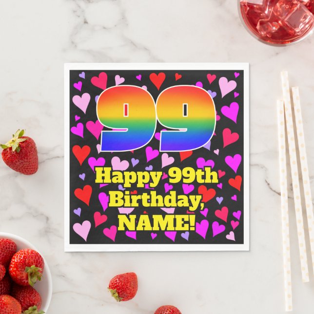 99th Birthday: Loving Hearts Pattern, Rainbow # 99 Napkin (Insitu)