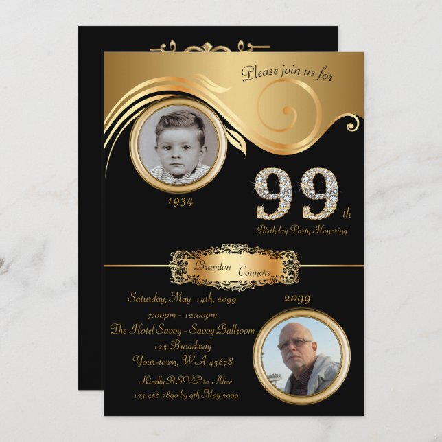 99th,Birthday Man 99th,elegant art deco,black gold Invitation (Front/Back)
