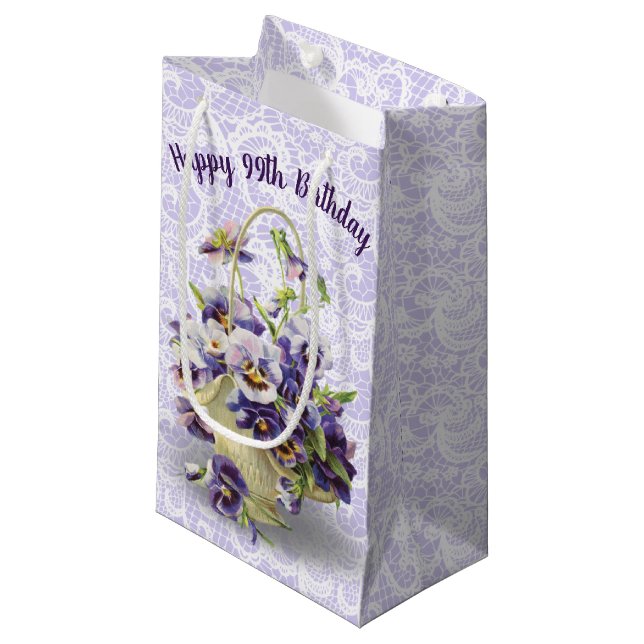99th Birthday Pansy Basket On Lace Small Gift Bag (Front Angled)