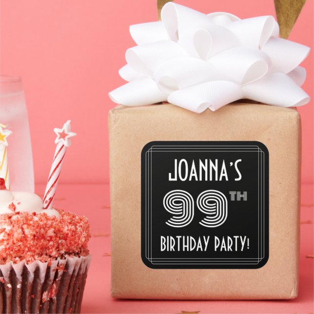 99th Birthday Party: Art Deco Style & Custom Name Square Sticker (Party)
