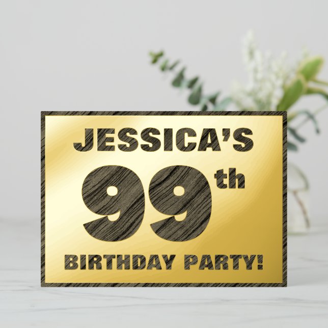 99th Birthday Party — Bold, Faux Wood Grain Text (Standing Front)