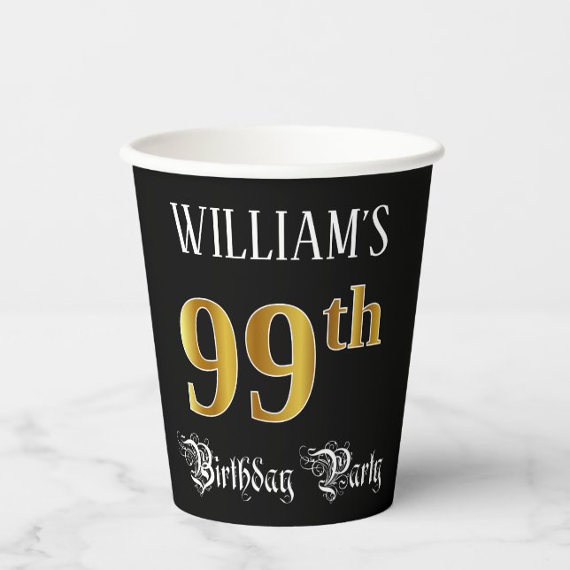 99th Birthday Party — Fancy Script, Faux Gold Look Paper Cups (Front)