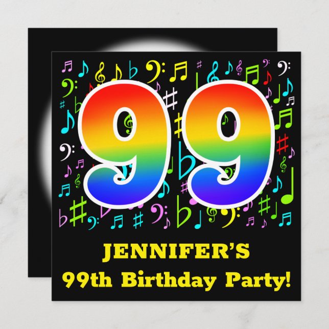 99th Birthday Party: Fun Music Symbols, Rainbow 99 Invitation (Front/Back)