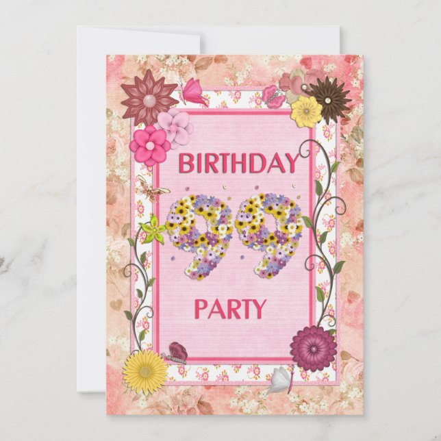 99th birthday party invitation with floral frame (Front)