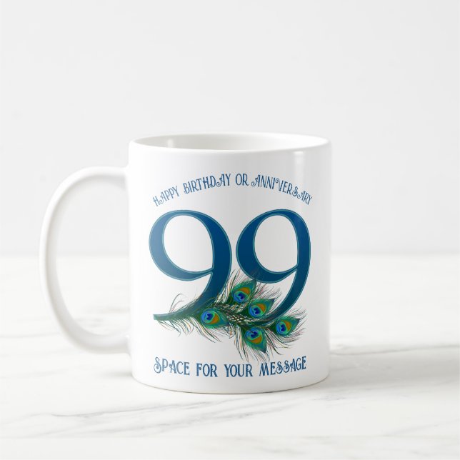 99th Birthday Peacock Feather Customizable Coffee Mug (Left)