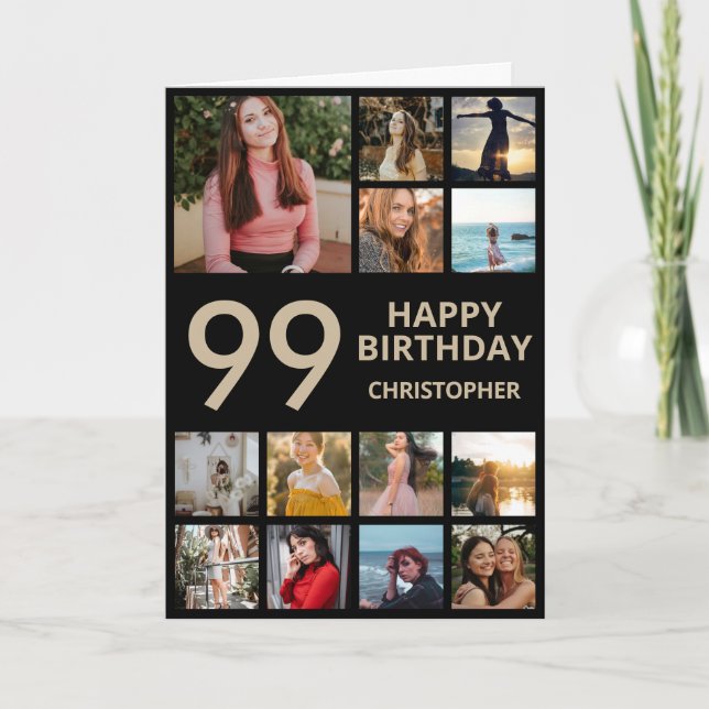 99th Birthday Photo Collage 13 Photos Black & Gold Card (Front)