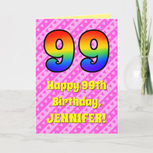 99th Birthday: Pink Stripes & Hearts, Rainbow # 99 Card