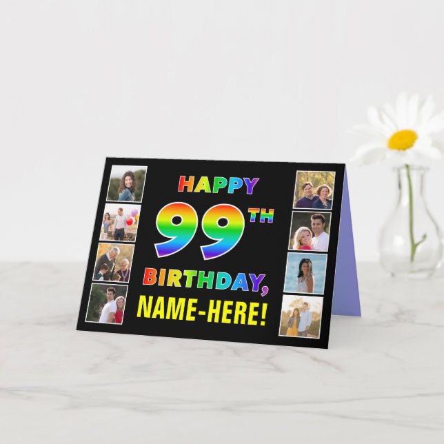 99th Birthday: Rainbow Text, Custom Photos & Name Card (Small Plant)