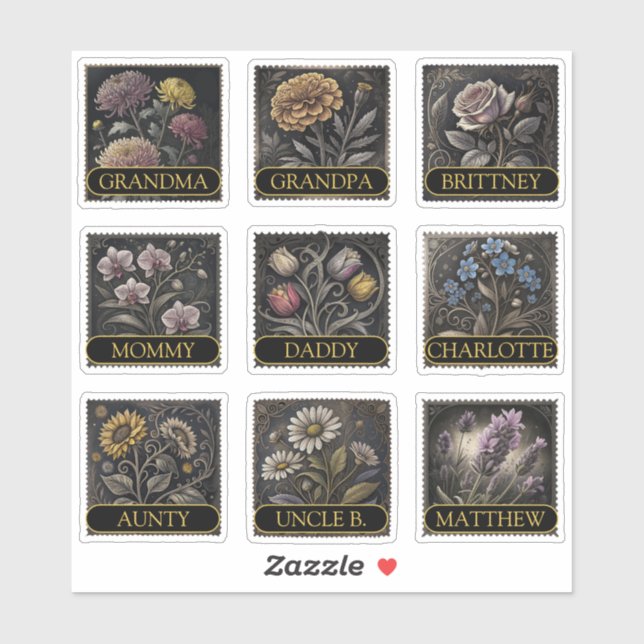 9 Custom Guest List Names Flowers Antique Gold (Sheet)
