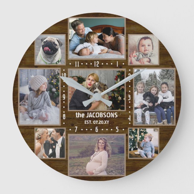9 Family Photo Collage Custom Name Farmhouse Wood Large Clock (Front)