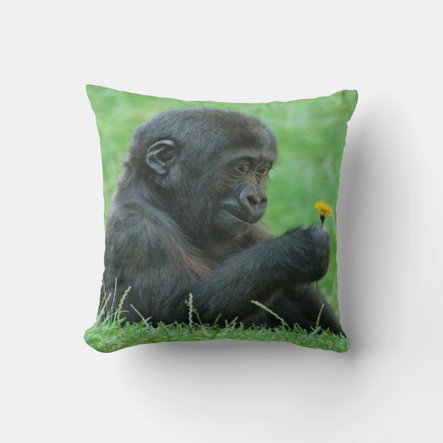 #9- Gorilla with dandelion Throw Pillow (Front)