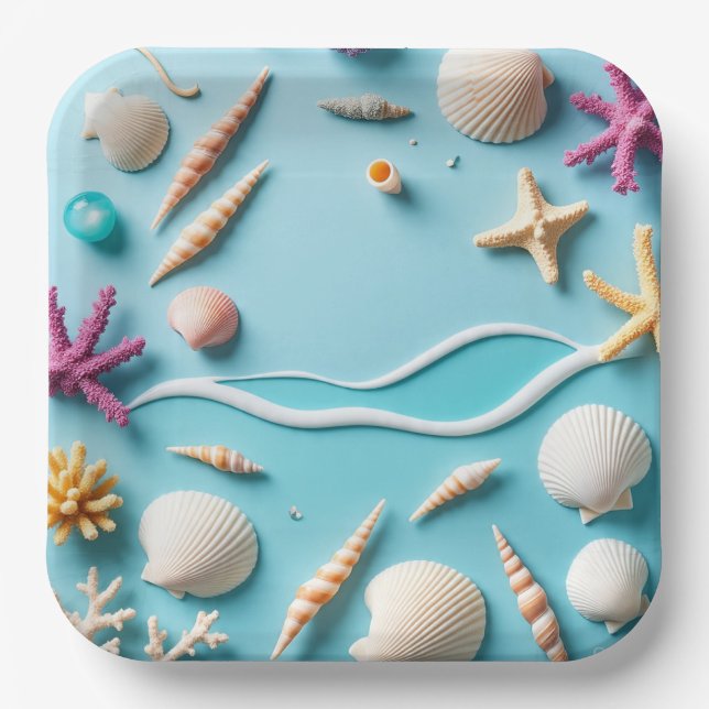9-Inch Square Paper Plate with Sea Life Design –  (Front)