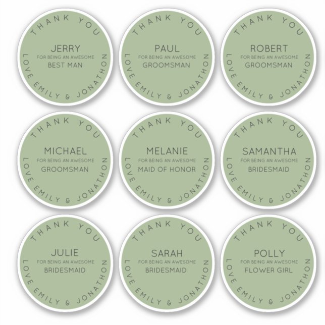 9 Individual Name Thank You Bridal Party Sage (Front)