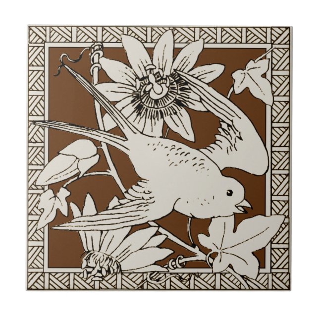 #9 of 12 Repro 1880s Minton Mocha Bird Series Tile (Front)
