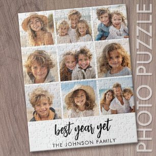 9 Photo Collage Best Year Yet Black Calligraphy Jigsaw Puzzle