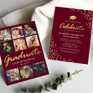 9 Photo Collage Burgundy Gold Graduation Party Invitation