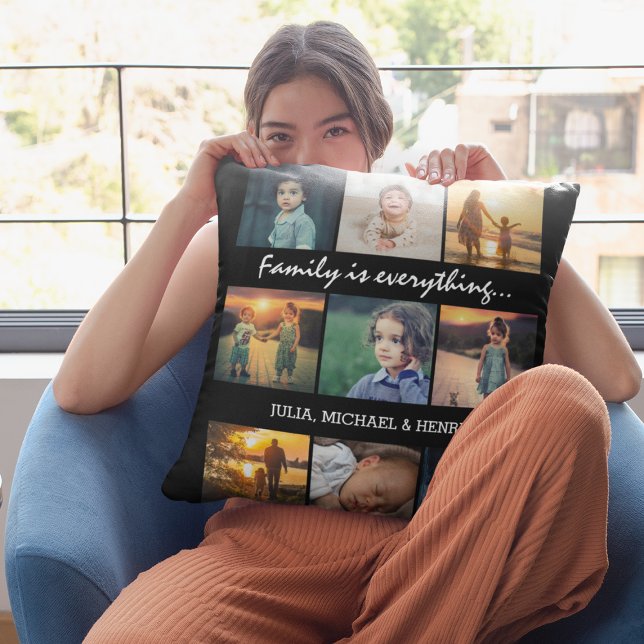 9 Photo Collage Custom Text Family is Everything Throw Pillow (Creator Uploaded)