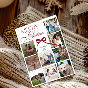9 photo collage elegant script Merry Christmas Holiday Card