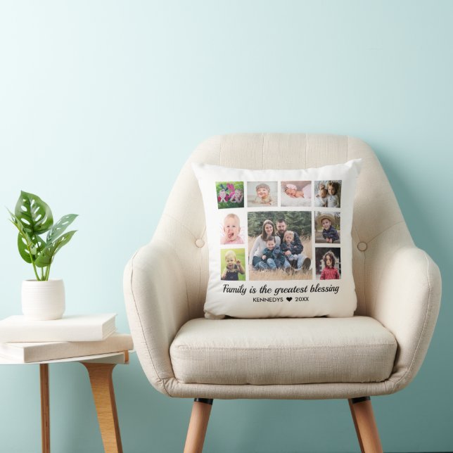 9 Photo Collage Family Quote  Monogram Black White Throw Pillow (Chair)