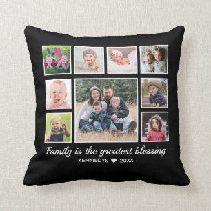9 Photo Collage Family Quote Monogram Name Throw Pillow
