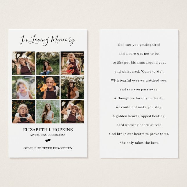 9 Photo Collage Funeral Memorial Prayer Cards (Front & Back)