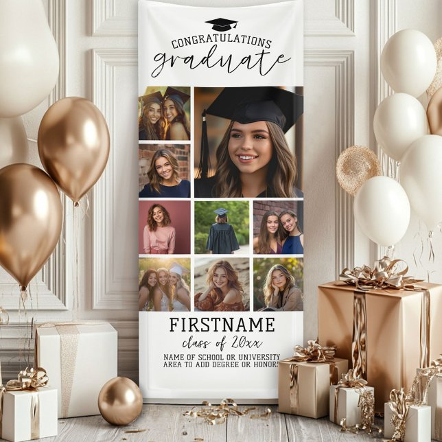 9 Photo Collage Graduation Modern Minimal White Banner (Custom Graduation Photo Banner - Great backdrop and Graduation Party Decoration)
