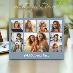 9 Photo Collage Optional Text -- Blue White Postcard
