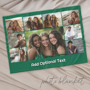 9 Photo Collage Optional Text -- Green White Fleece Blanket
