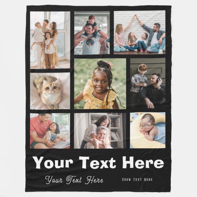9 Photo Collage or Family with Script Text black Fleece Blanket (Front)