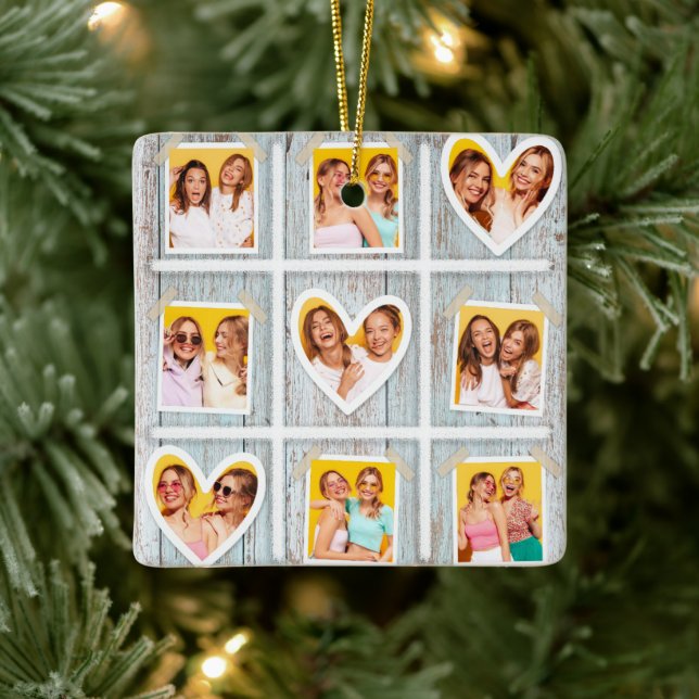 9 Photo Collage Rustic Wood Friends Magnetic Card Ceramic Ornament (Tree)